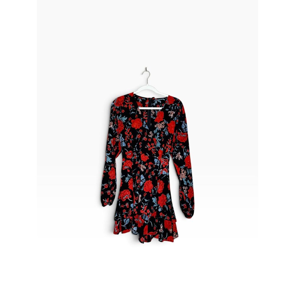 Bonkwa Women's Black Red Floral V-Neck Long Sleeve Ruffle Romper